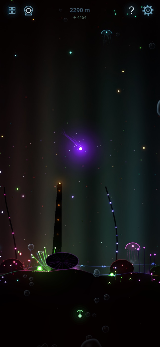 The seabed: a glowing floor of coral, tall stalks and jellyfish in pink, orange and green beneath the violet spirit.