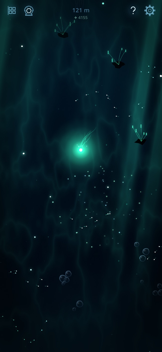 The Sunlit Veil: teal water lit by shafts of light, the spirit glowing green among drifting particles and swaying plants.