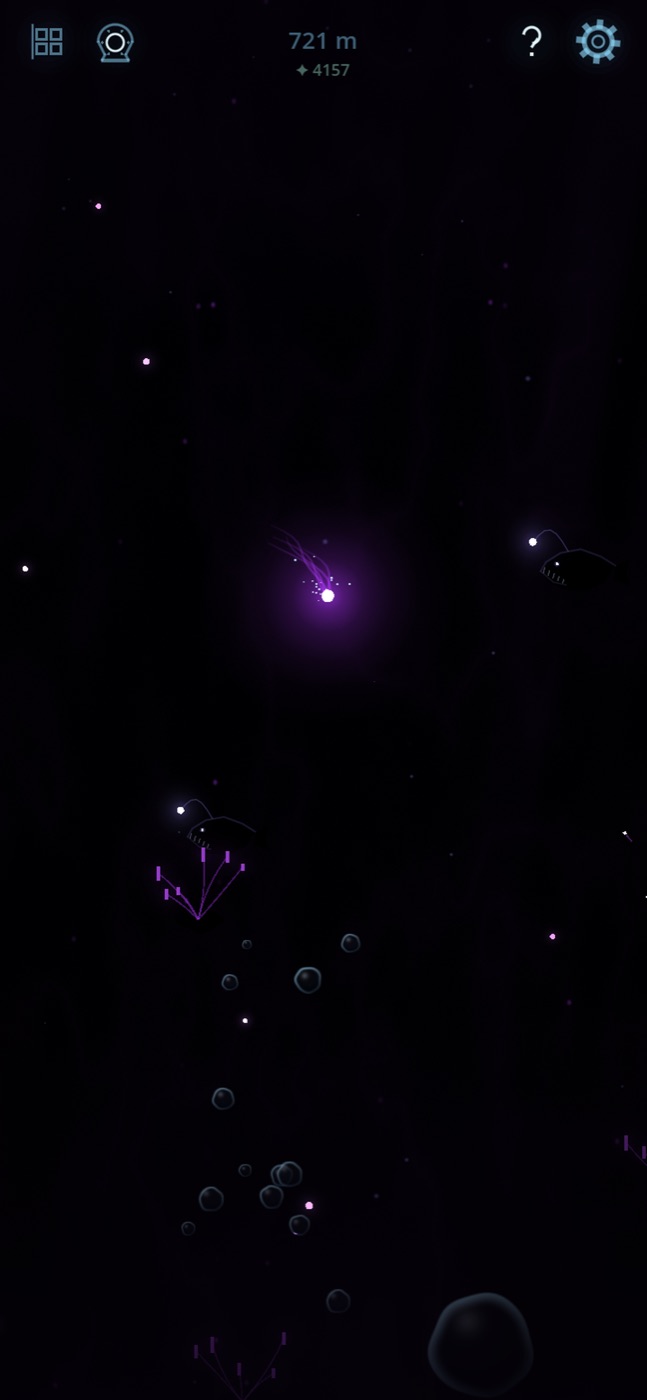 The Midnight Garden: near-black water, the spirit glowing violet, an anglerfish's lure shining nearby.