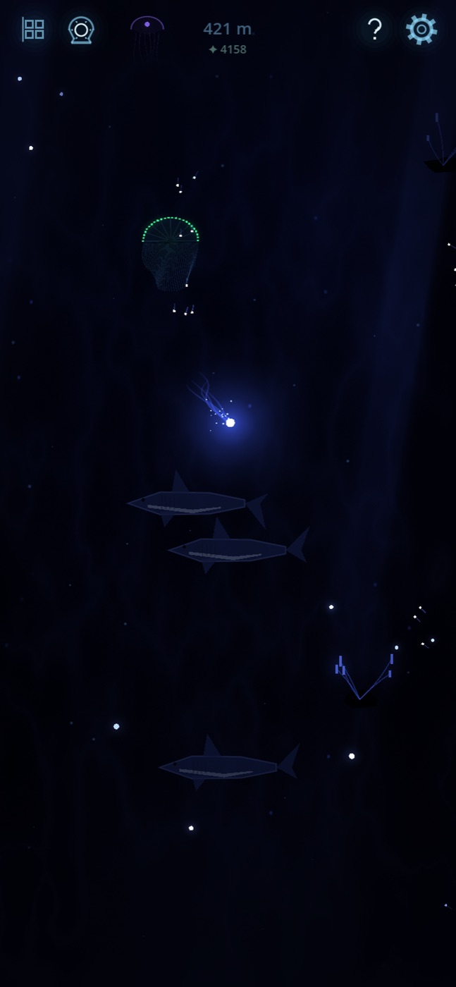 The Twilight Drift: deep blue water with a glowing jellyfish above and a school of large fish gliding past the spirit.