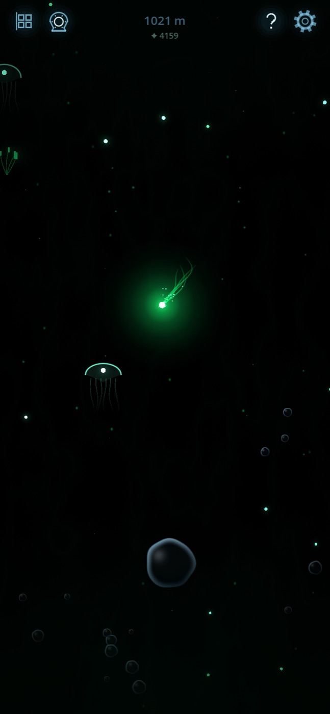 The Abyssal Bloom: black water, the spirit glowing green beside a luminous jellyfish.
