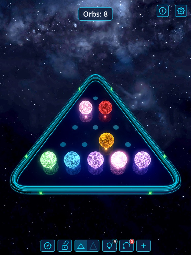 The Orbs board: glowing coloured spheres set in a neon triangular frame against a starfield.