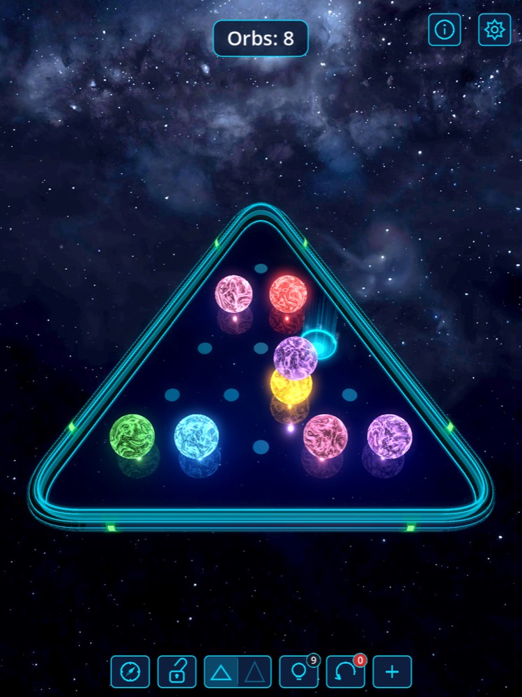 A lifted orb mid-move, with the holes it can legally jump into highlighted.